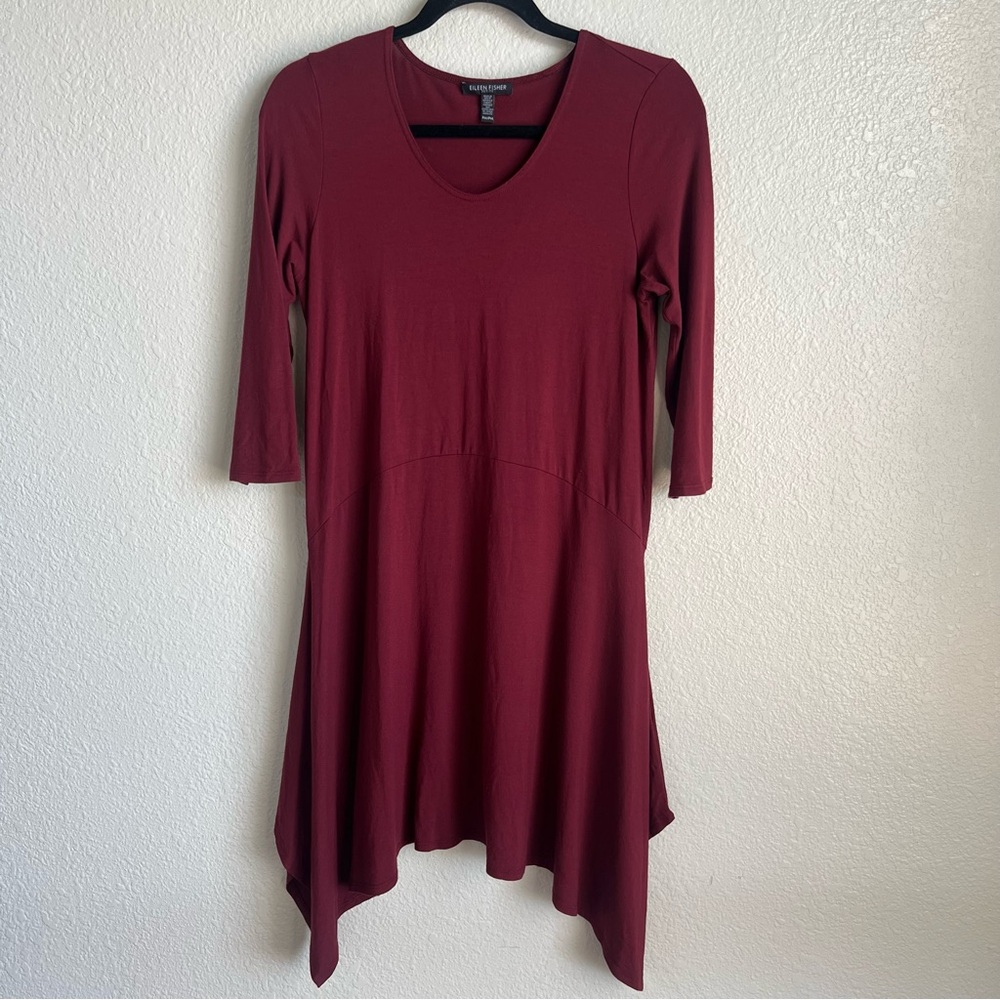 Eileen Fisher Womens Burgundy Sharkbite Hem 3/4 Sleeve A Line Dress Sz Petite M‎